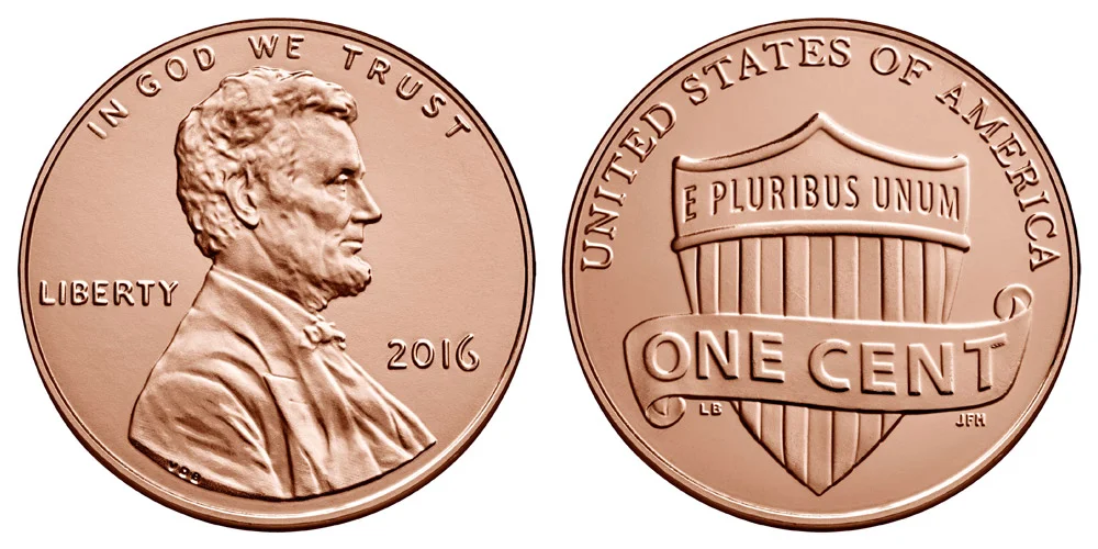 2016 Lincoln Shield penny obverse and reverse showing Lincoln portrait and Union Shield design