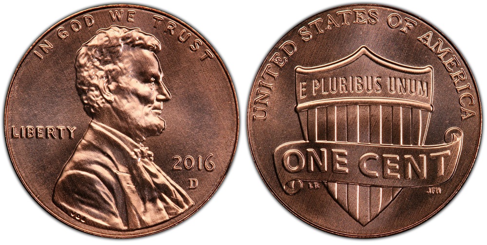 Grading strip showing four 2016 Lincoln Shield pennies in Worn, Circulated, Uncirculated, and Gem MS condition for comparison