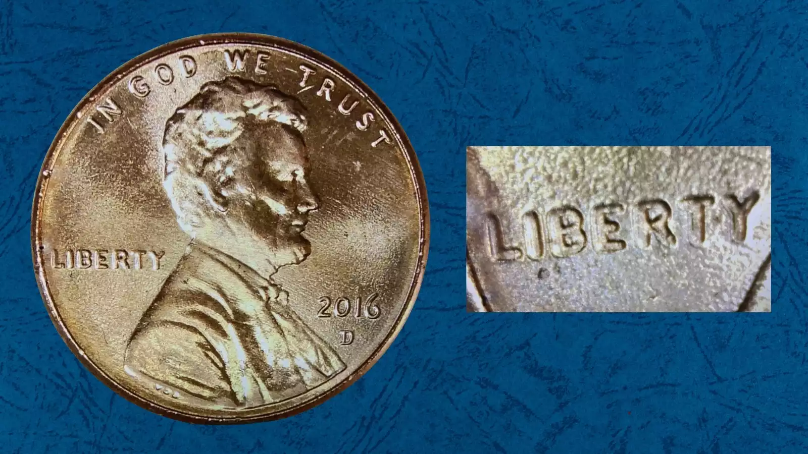 2016 penny doubled die obverse error showing doubling on LIBERTY lettering under magnification